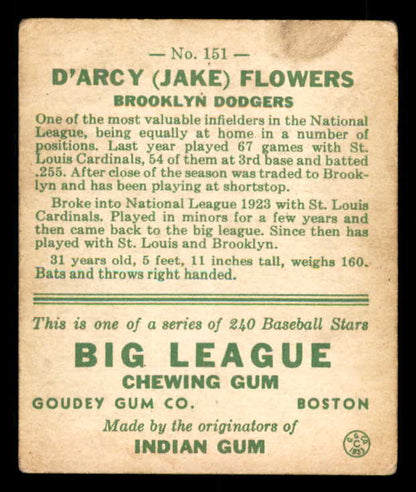 1933 Goudey #151 Jake Flowers Dodgers VG stain 533475