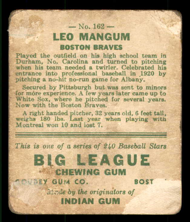 1933 Goudey #162 Leo Mangum Braves Good back damage 533479