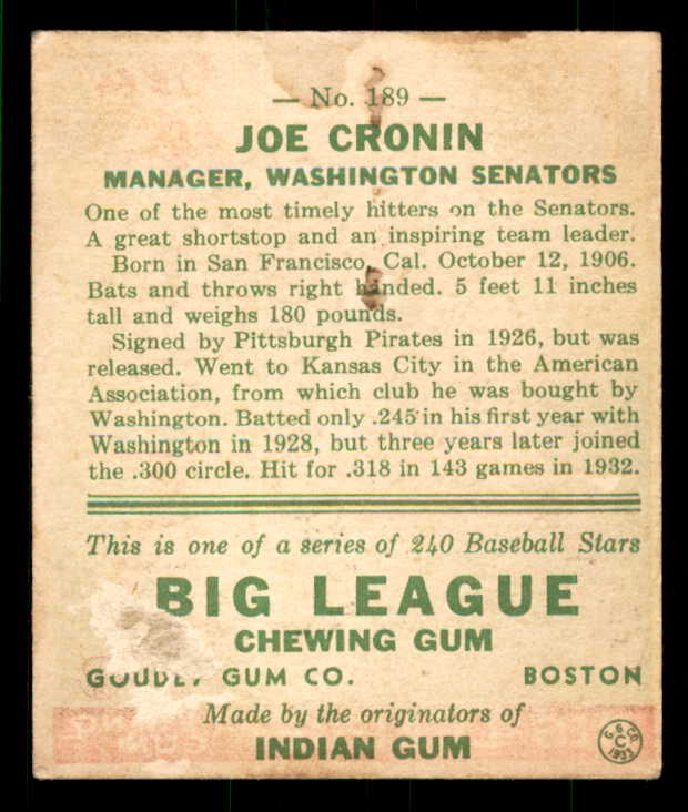 1933 Goudey #189 Joe Cronin Senators Good paper loss 533484