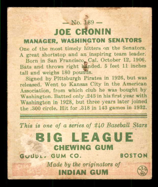 1933 Goudey #189 Joe Cronin Senators Good paper loss 533484