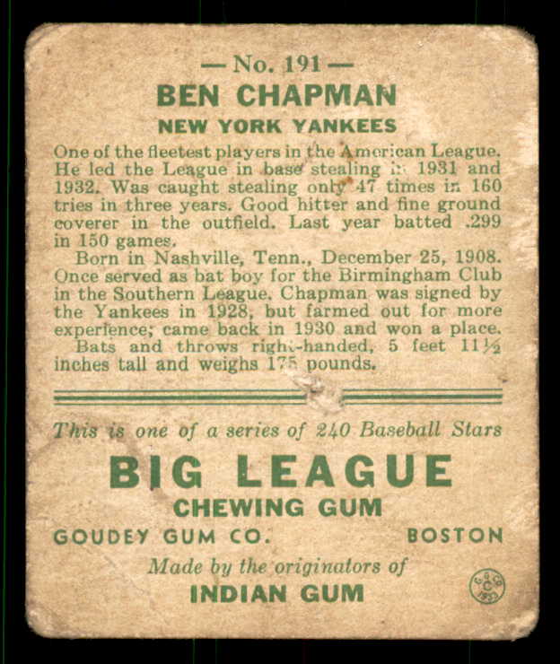 1933 Goudey #191 Ben Chapman Yankees Good 533485