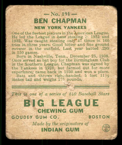 1933 Goudey #191 Ben Chapman Yankees Good 533485