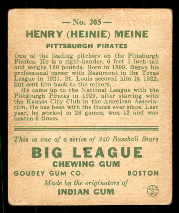 1933 Goudey #205 Heinie Meine Pirates VG-EX 533488