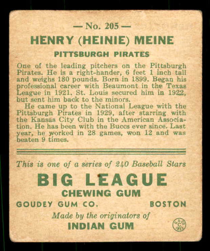 1933 Goudey #205 Heinie Meine Pirates VG-EX 533488