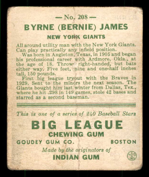 1933 Goudey #208 Bernie James Giants FR-GD/GD 533490