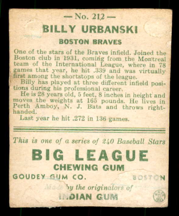1933 Goudey #212 Billy Urbanski Braves Fair trimmed 533491