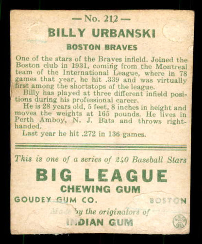 1933 Goudey #212 Billy Urbanski Braves Fair trimmed 533491
