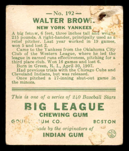 1933 Goudey #192 Walter Brown Yankees Good back damage 533502