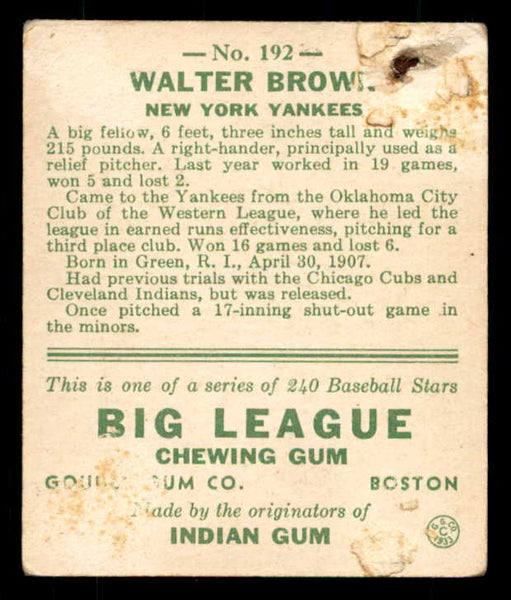 1933 Goudey #192 Walter Brown Yankees Good back damage 533502