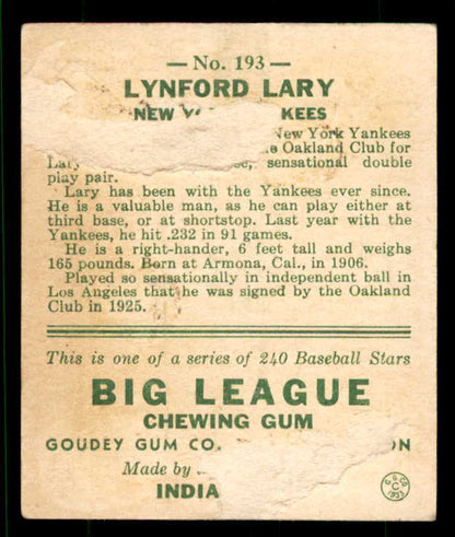 1933 Goudey #193 Lyn Lary Yankees FR-GD/GD back damage 533503
