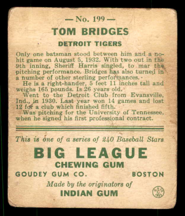 1933 Goudey #199 Tommy Bridges Tigers FR-GD 533504