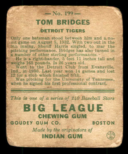 1933 Goudey #199 Tommy Bridges Tigers FR-GD/GD 533505