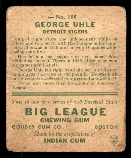 1933 Goudey #100 George Uhle Tigers FR-GD/GD 533507