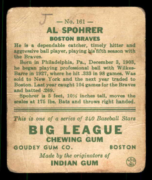 1933 Goudey #161 Al Spohrer Braves FR-GD 533513