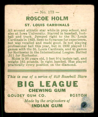 1933 Goudey #173 Roscoe Holm Cardinals Good ink back 533518