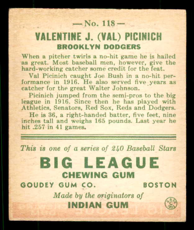1933 Goudey #118 Val Picinich Dodgers EX 533521