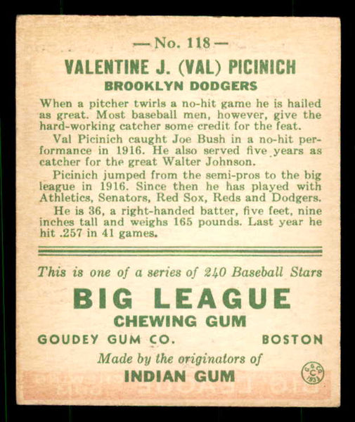 1933 Goudey #118 Val Picinich Dodgers EX 533521