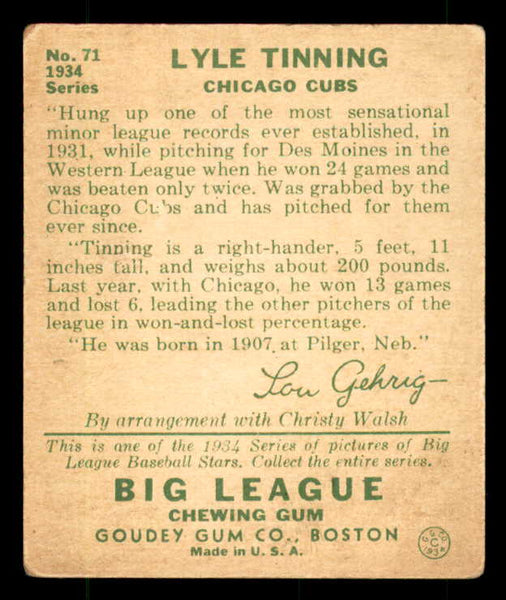 1934 Goudey #071 Lyle Tinning Cubs VG-EX/EX 533534