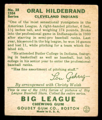 1934 Goudey #038 Oral Hildebrand Indians EX 533543