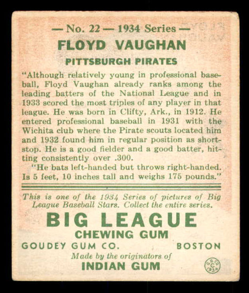 1934 Goudey #022 Floyd Vaughan Pirates VG 533551