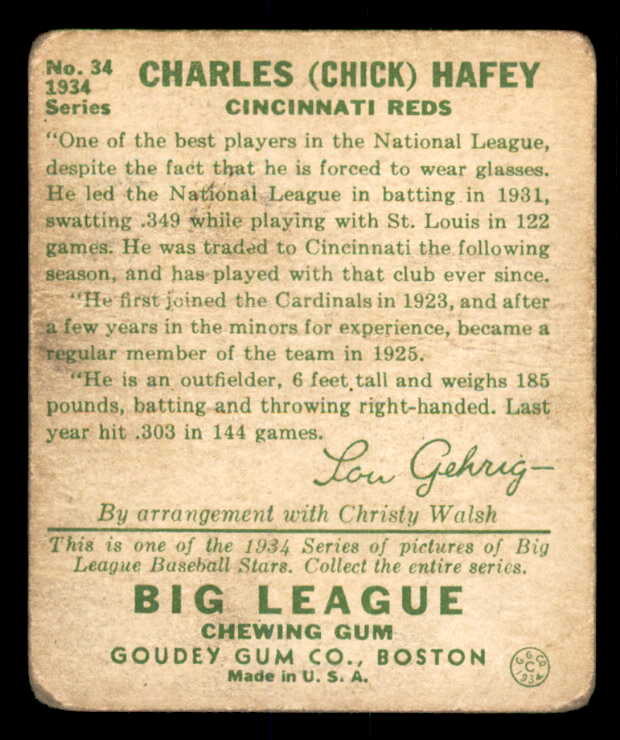 1934 Goudey #034 Chick Hafey Reds FR-GD 533559