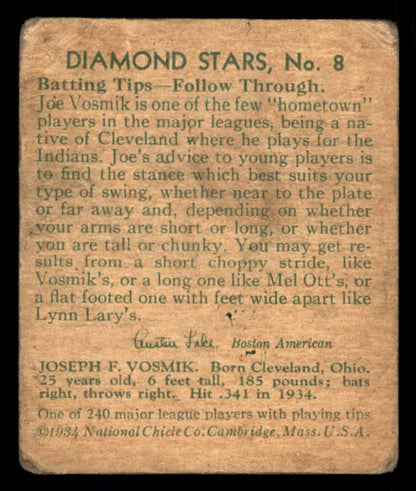 1934-36 Diamond Stars #008 Joe Vosmik Indians GD-VG 533582