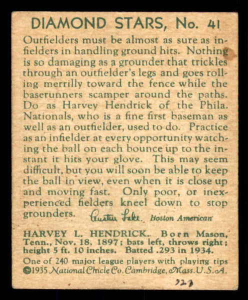 1934-36 Diamond Stars #041 Harvey Hendrick Phillies Good trimmed 533589