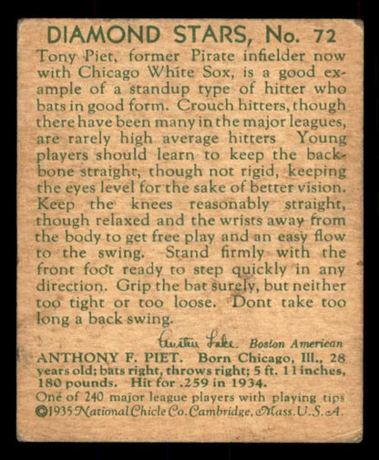 1934-36 Diamond Stars #072 Tony Piet White Sox VG-EX 533595