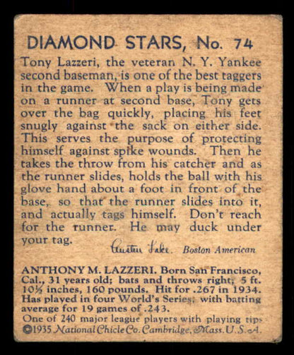 1934-36 Diamond Stars #074 Tony Lazzeri Yankees VG-EX 533596