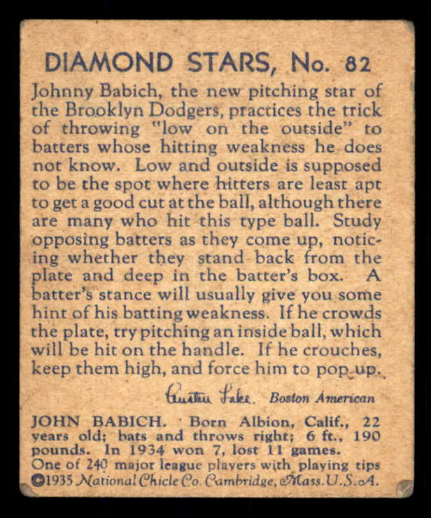 1934-36 Diamond Stars #082 Johnny Babich Dodgers VG-EX 533598