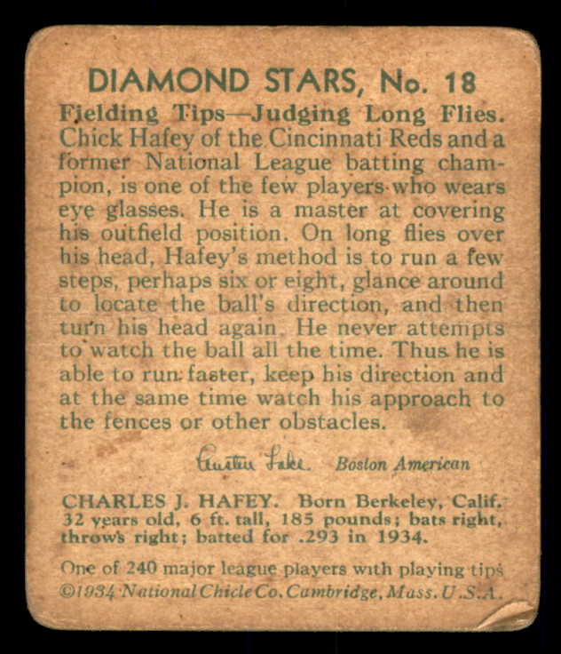 1934-36 Diamond Stars #018 Chick Hafey Reds Good 533606
