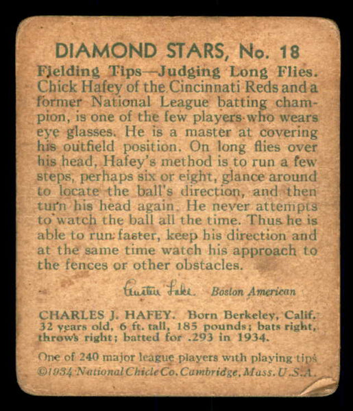 1934-36 Diamond Stars #018 Chick Hafey Reds Good 533606