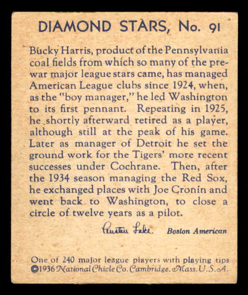 1934-36 Diamond Stars #091 Bucky Harris Senators VG-EX/EX 533611