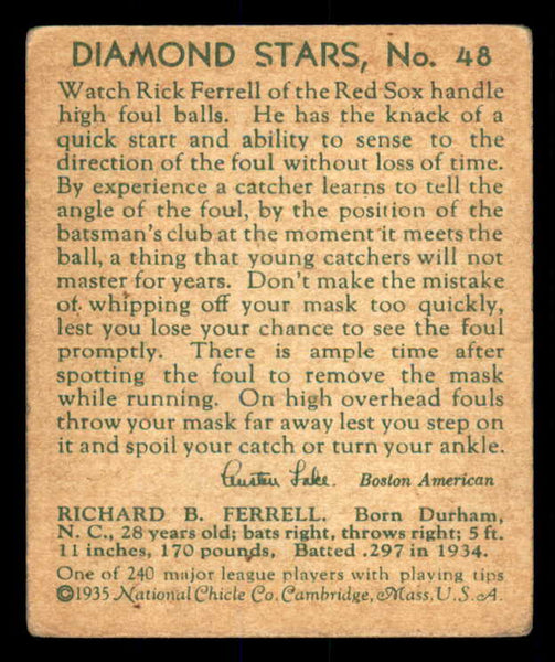 1934-36 Diamond Stars #048 Rick Ferrell Red Sox VG-EX 533613