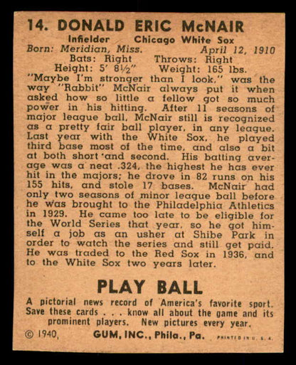 1940 Play Ball #014 Eric McNair White Sox Good trimmed 533626