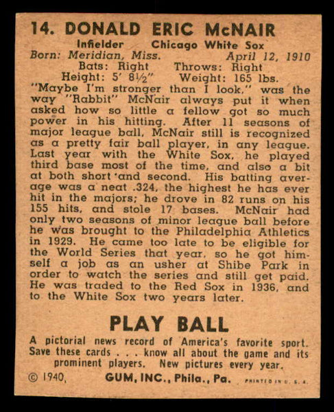 1940 Play Ball #014 Eric McNair White Sox Good trimmed 533626