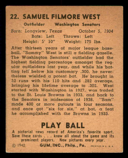 1940 Play Ball #022 Sam West Senators VG-EX/EX 533631