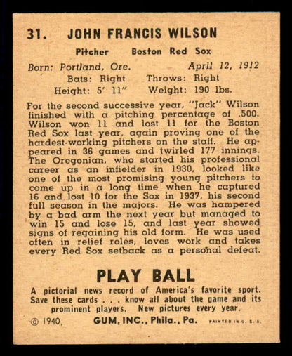 1940 Play Ball #031 Jack Wilson Red Sox EX-MT 533634