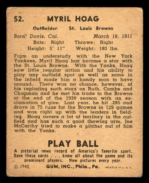 1940 Play Ball #052 Myril Hoag Browns VG/VG-EX 533644