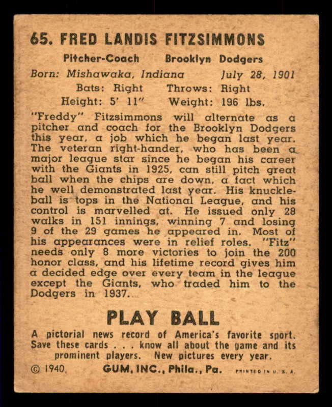 1940 Play Ball #065 Fred Fitzsimmons Dodgers GD-VG scuff front 533654
