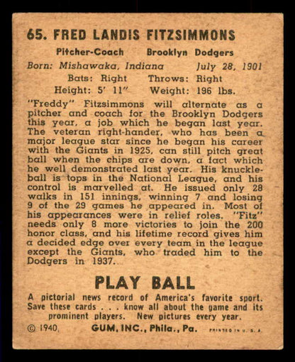 1940 Play Ball #065 Fred Fitzsimmons Dodgers GD-VG scuff front 533654