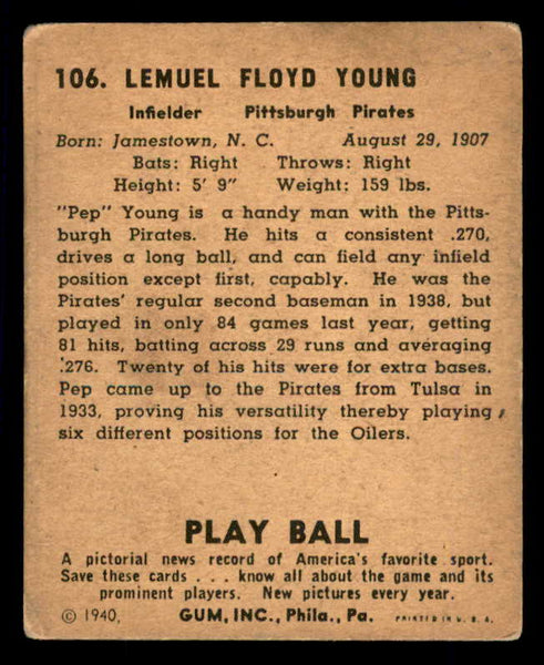 1940 Play Ball #106 Pep Young Pirates VG/VG-EX 533675