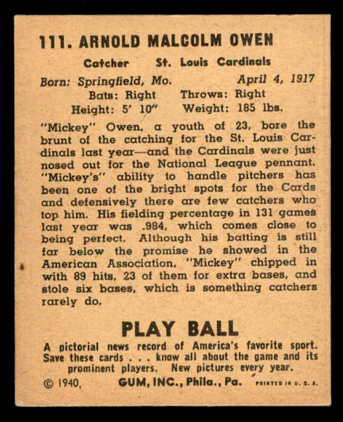 1940 Play Ball #111 Mickey Owen Cardinals VG-EX 533678