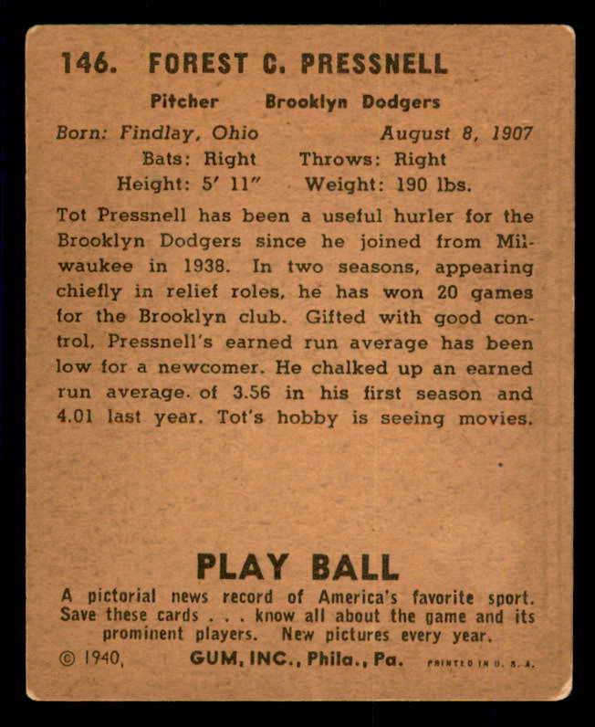 1940 Play Ball #146 Tot Pressnell Dodgers VG/VG-EX 533693