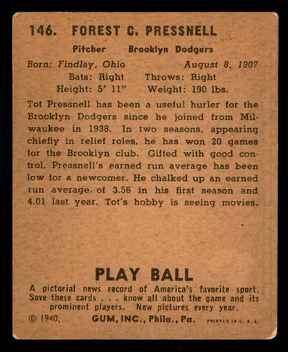 1940 Play Ball #146 Tot Pressnell Dodgers VG/VG-EX 533693