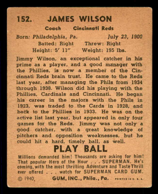 1940 Play Ball #152 Jimmy Wilson Reds EX 533696