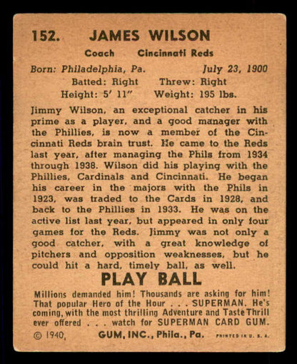 1940 Play Ball #152 Jimmy Wilson Reds EX 533696