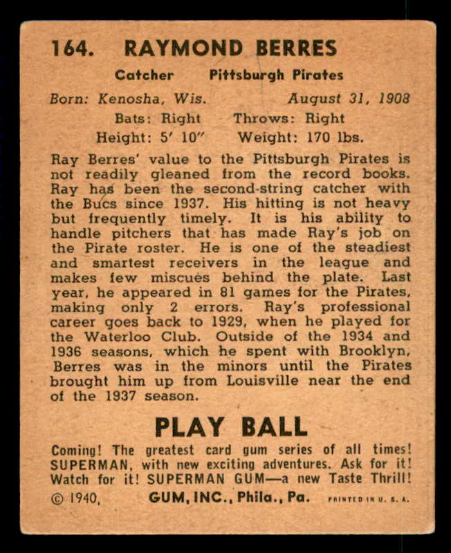 1940 Play Ball #164 Ray Berres Pirates VG-EX/EX 533705