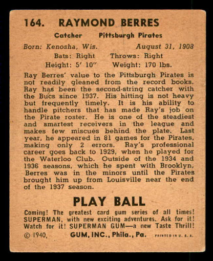 1940 Play Ball #164 Ray Berres Pirates VG-EX/EX 533705