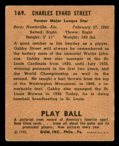 1940 Play Ball #169 Gabby Street Cardinals VG/VG-EX 533707